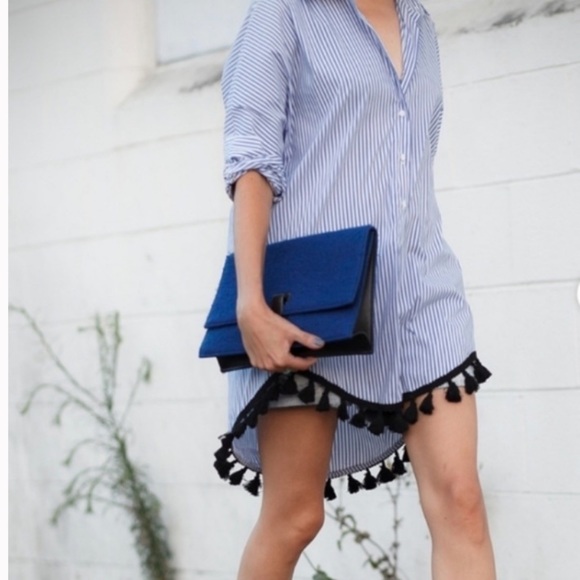 Zara Striped Tassel Trim Button Down Tunic Top XS - Picture 2 of 6